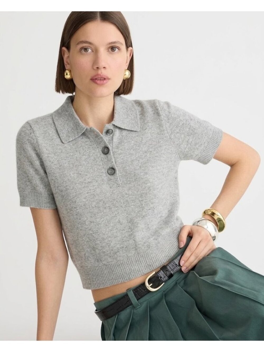 NWT J.Crew Cashmere Cropped Sweater-Polo in Heather Grey S